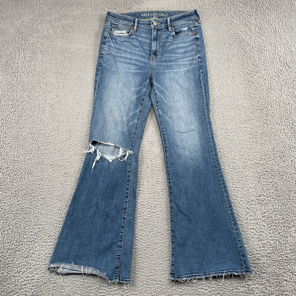 American Eagle Jeans Womens 8 Blue Super Hi-Rise Flare Distressed Stretch Denim
